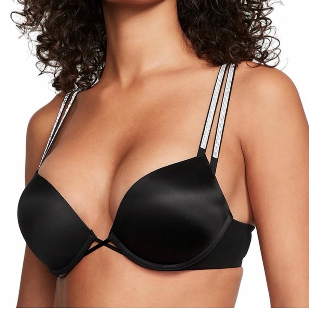 NEW Victoria's Secret bombshell double shine straps Black Bra 34B push up nwt